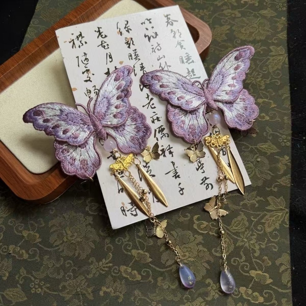 Purple Butterfly Embroidered Hair Clip Barrette Gold Tassel Fairy new